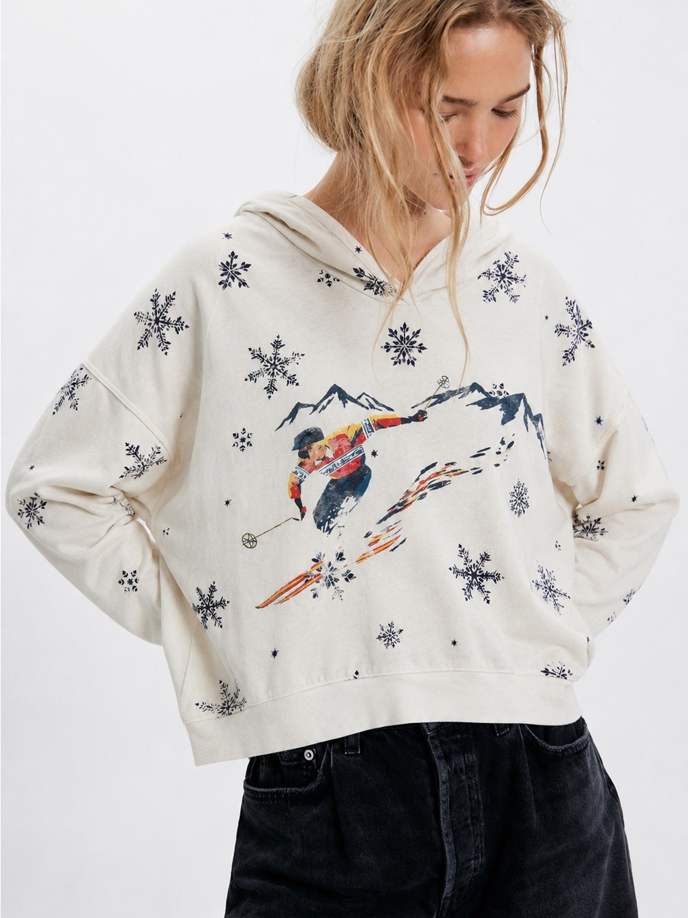 Free People Movement - rare Cream Ski Graphic Hoodie Sweater